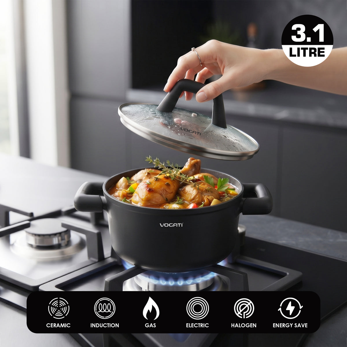 VOGATI FLORENCE CASSEROLE TITANIUM GRANITE COATING NON STICK INDUCTION - INCLUDING GLASS LID ( 100% PFOA FREE )