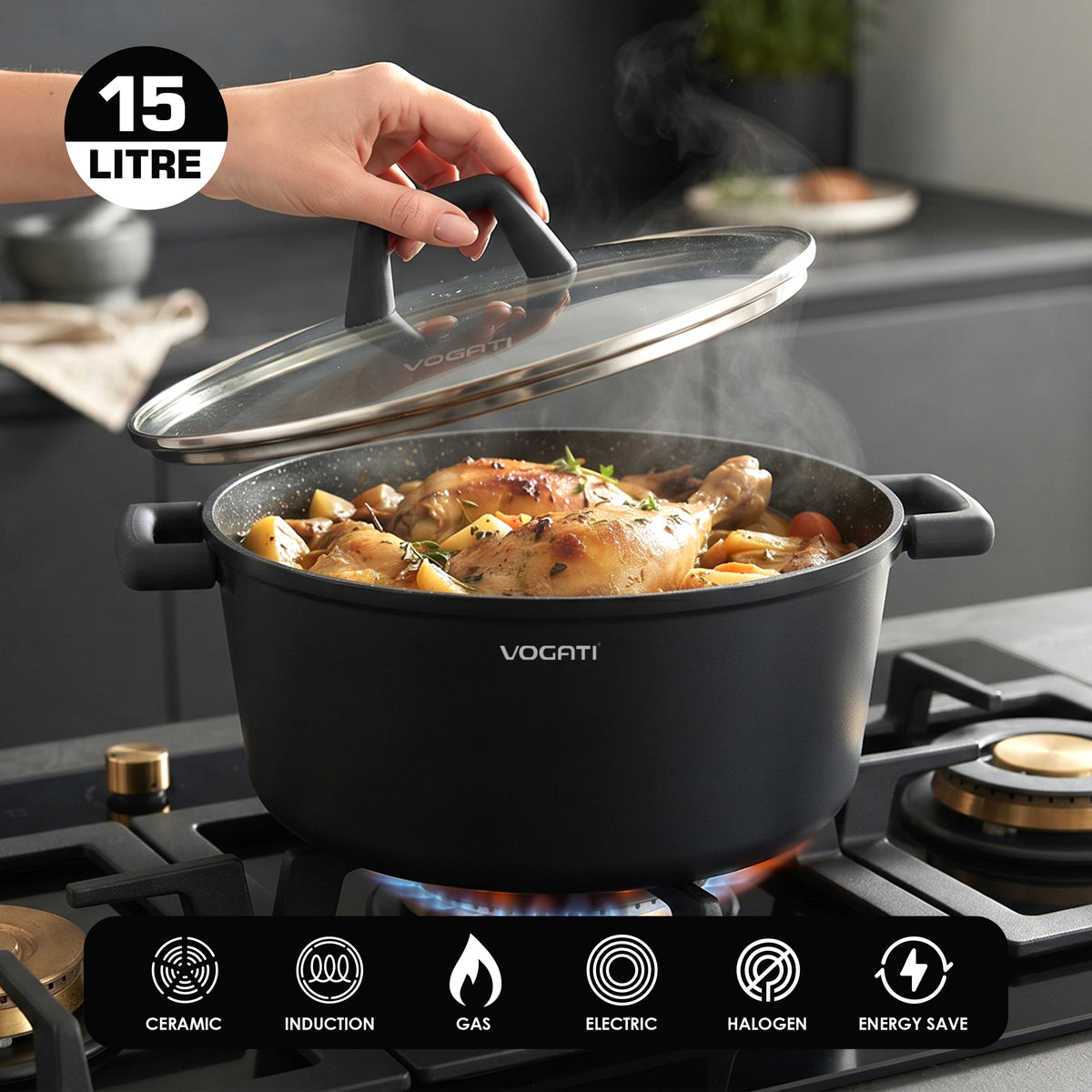 VOGATI FLORENCE CASSEROLE TITANIUM GRANITE COATING NON STICK INDUCTION - INCLUDING GLASS LID ( 100% PFOA FREE )