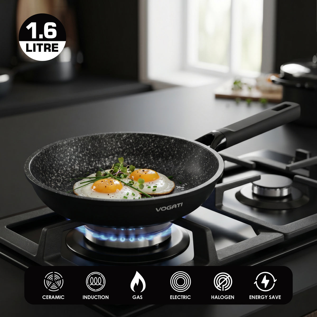 VOGATI FLORENCE FRY PAN TITANIUM GRANITE COATING NON STICK INDUCTION COOKWARE SET - INCLUDING FRY PAN + GLASS LID ( 100% PFOA FREE )