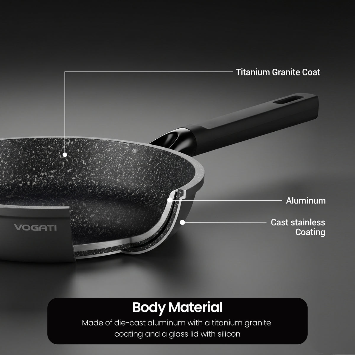 VOGATI FLORENCE FRY PAN TITANIUM GRANITE COATING NON STICK INDUCTION COOKWARE SET - INCLUDING FRY PAN + GLASS LID ( 100% PFOA FREE )