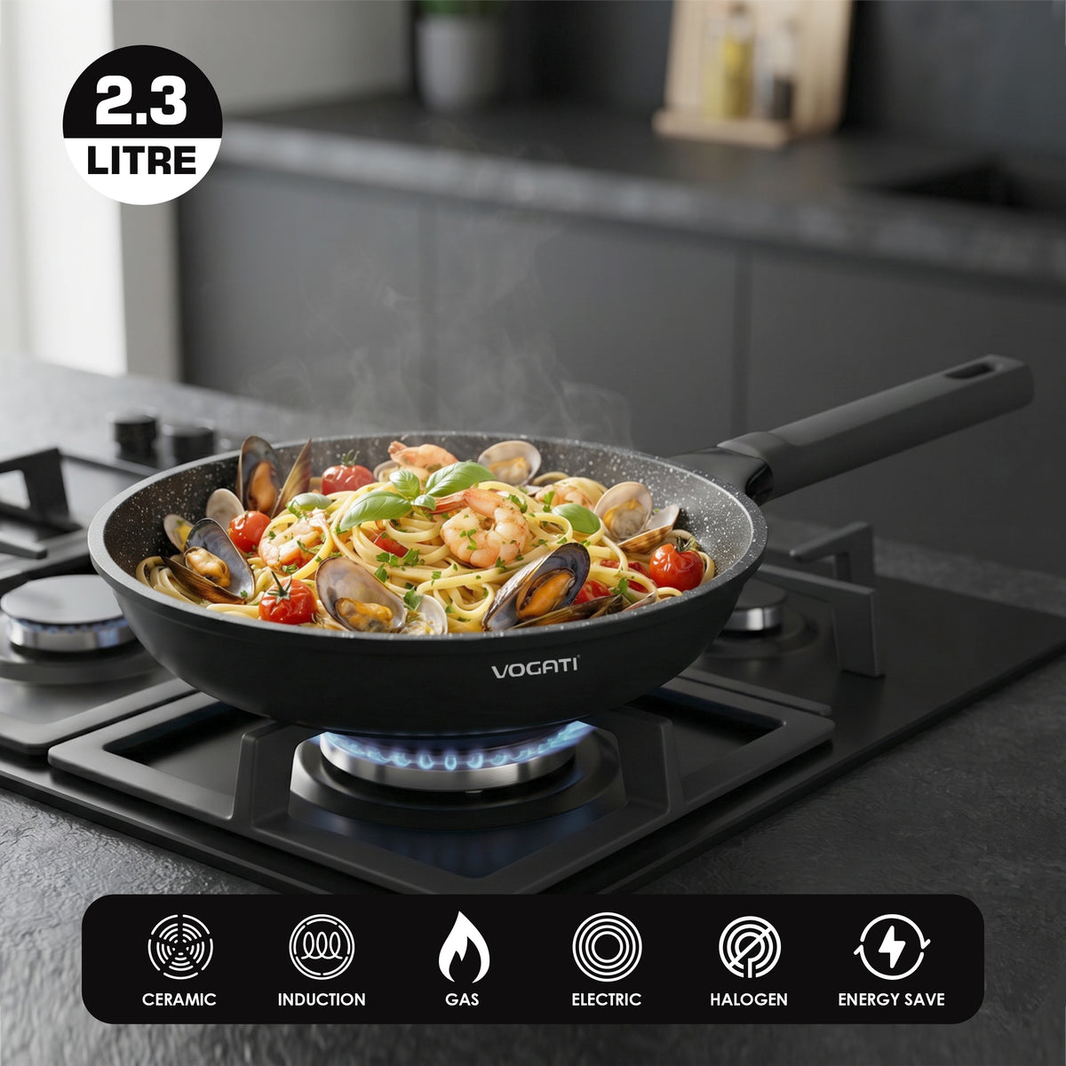 VOGATI FLORENCE FRY PAN TITANIUM GRANITE COATING NON STICK INDUCTION COOKWARE SET - INCLUDING FRY PAN + GLASS LID ( 100% PFOA FREE )