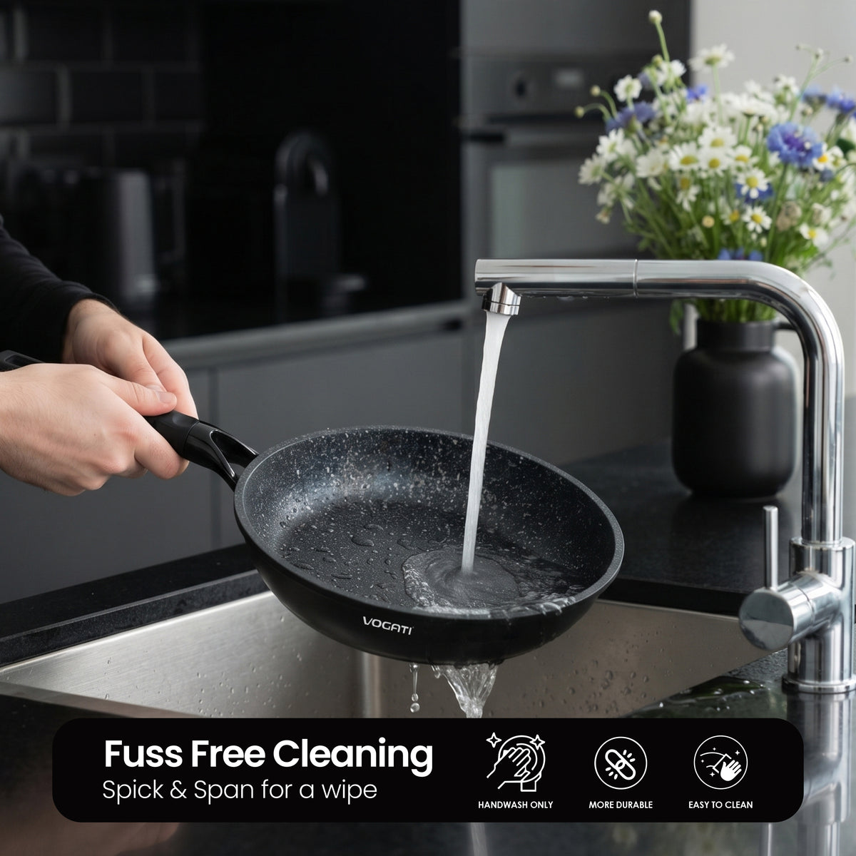 VOGATI FLORENCE FRY PAN TITANIUM GRANITE COATING NON STICK INDUCTION COOKWARE SET - INCLUDING FRY PAN + GLASS LID ( 100% PFOA FREE )