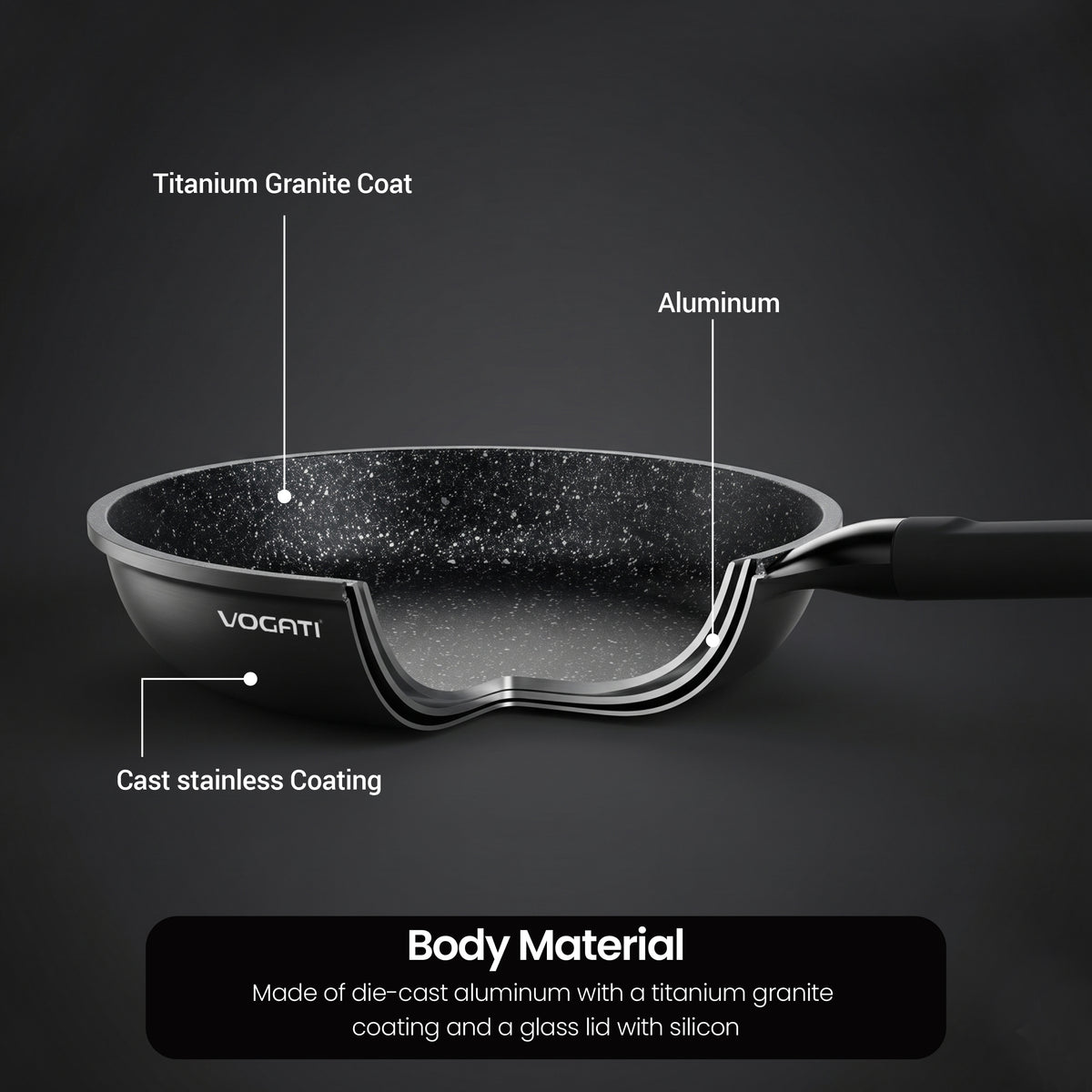 VOGATI FLORENCE FRY PAN TITANIUM GRANITE COATING NON STICK INDUCTION COOKWARE SET - INCLUDING FRY PAN + GLASS LID ( 100% PFOA FREE )