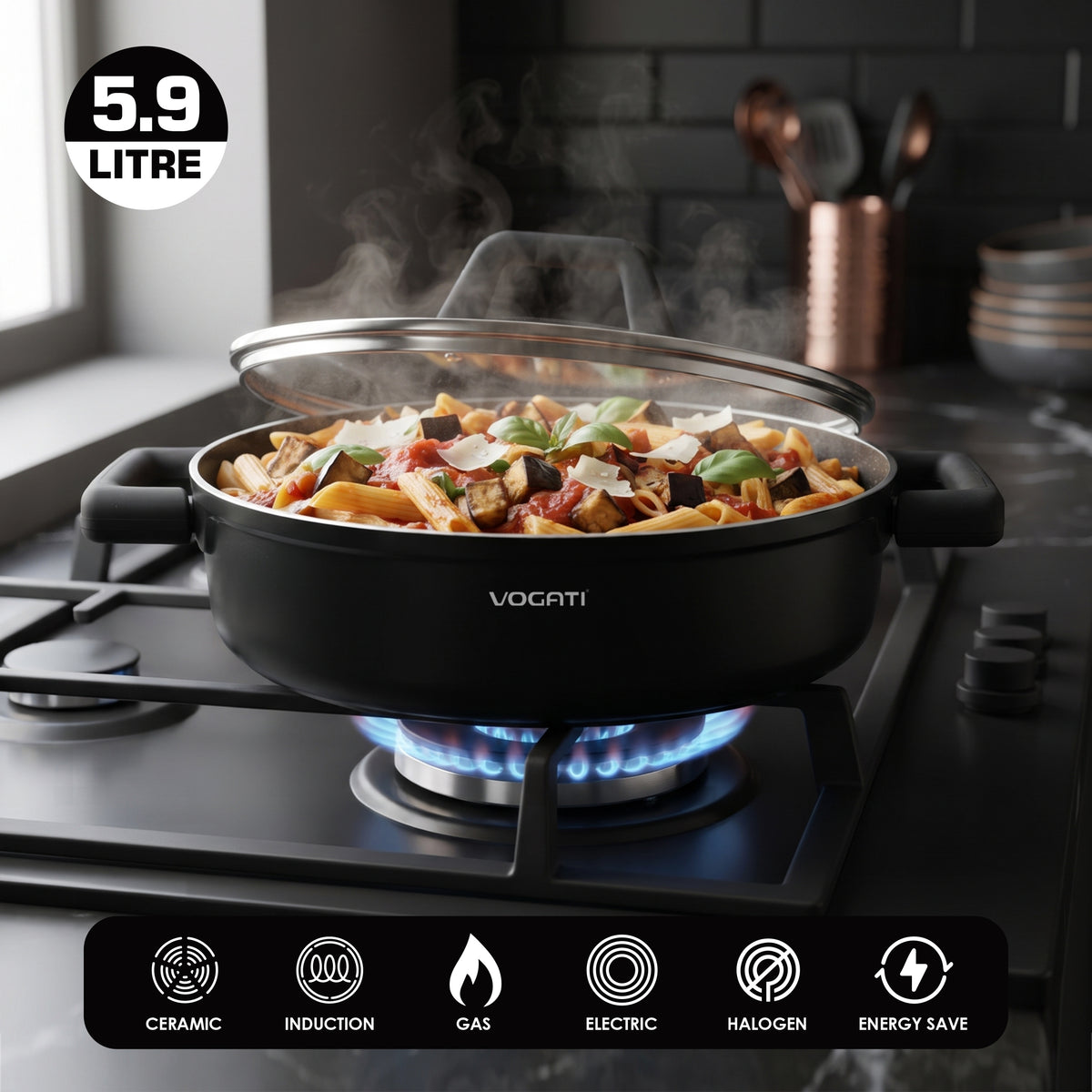 VOGATI FLORENCE SHALLOW PAN 28CM TITANIUM GRANITE COATING NON STICK INDUCTION COOKWARE SET - INCLUDING 28CM SHALLOW PAN + GLASS LID ( 100% PFOA FREE )