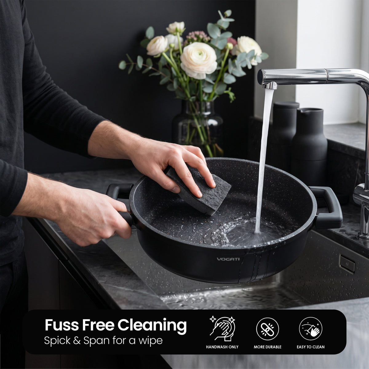 VOGATI FLORENCE SHALLOW PAN 28CM TITANIUM GRANITE COATING NON STICK INDUCTION COOKWARE SET - INCLUDING 28CM SHALLOW PAN + GLASS LID ( 100% PFOA FREE )