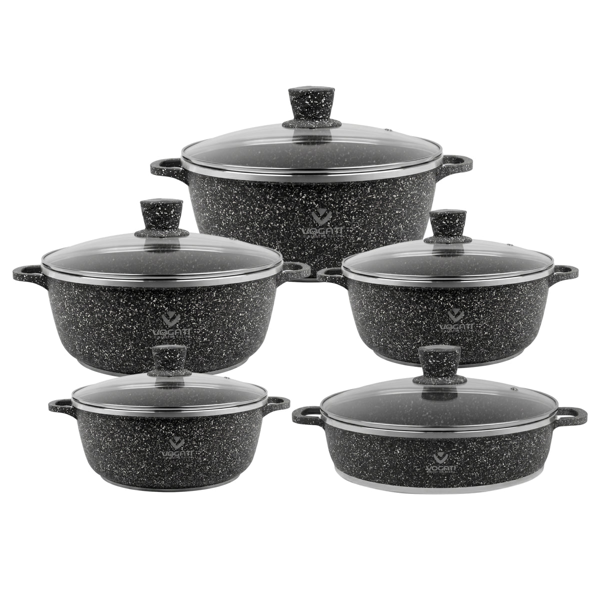 VOGATI 10PCS TITANIUM GRANITE COATING NON STICK COOKWARE SET - INCLUDING 20/24/28/32CM CASSEROLE + 28CM SHALLOW CASSEROLE ( 100% PFOA FREE )
