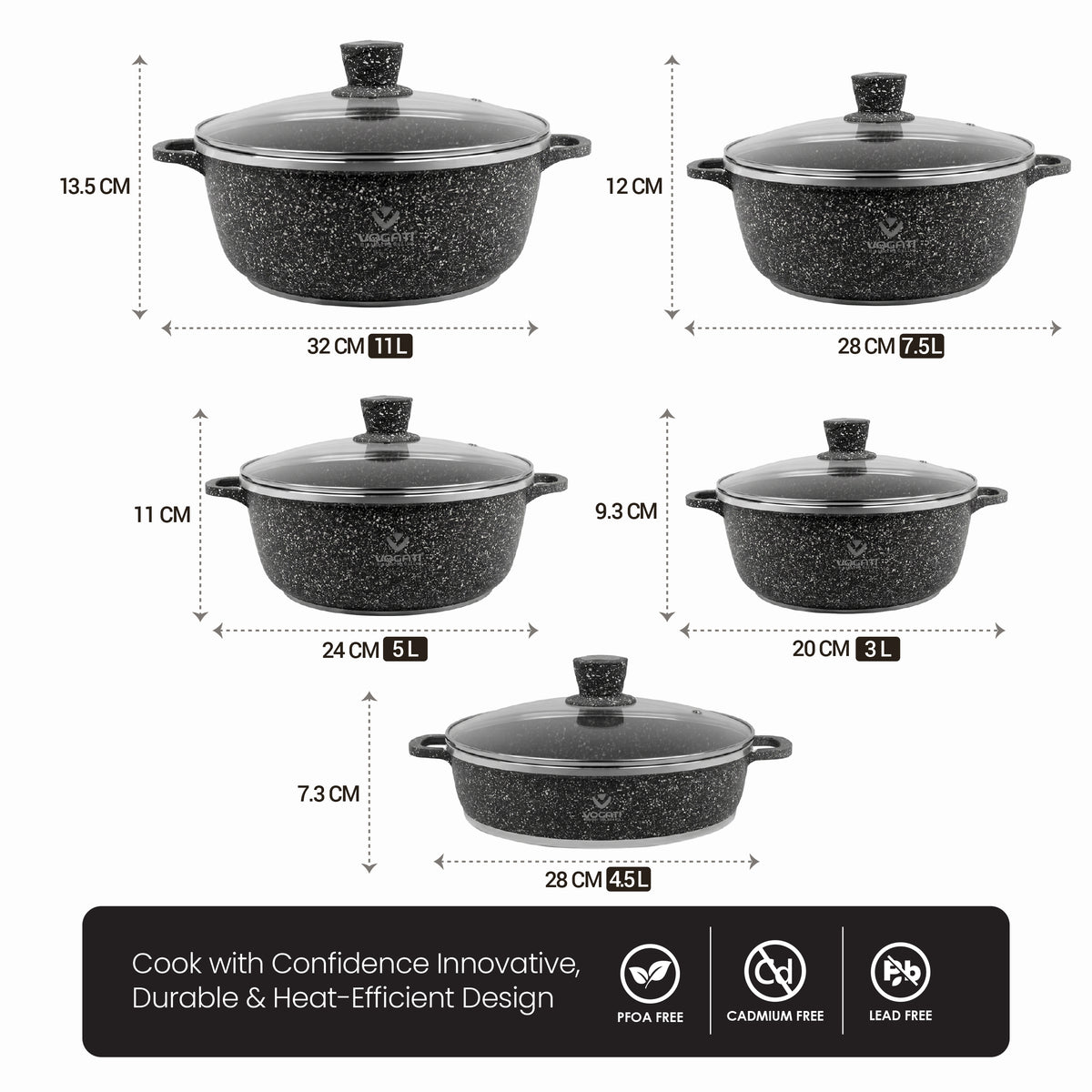 VOGATI 10PCS TITANIUM GRANITE COATING NON STICK COOKWARE SET - INCLUDING 20/24/28/32CM CASSEROLE + 28CM SHALLOW CASSEROLE ( 100% PFOA FREE )
