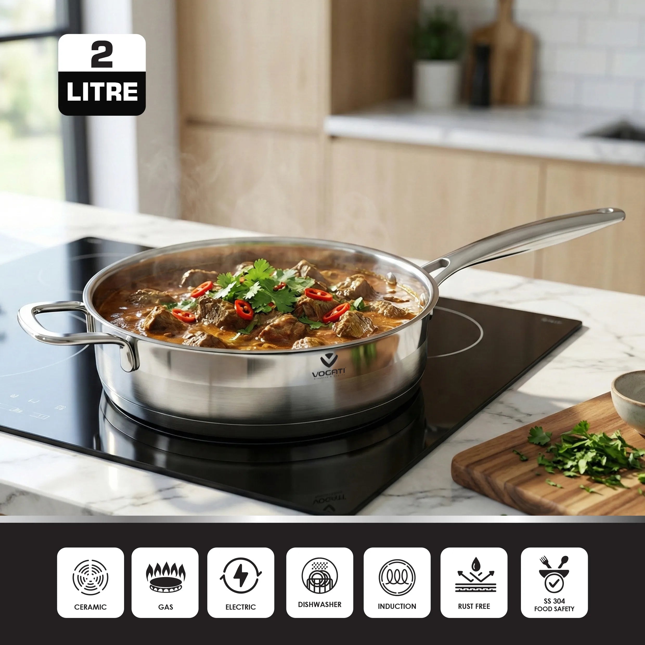 VOGATI Stainless Steel Fry Pan with Glass Lid (18/10) - CW-STS-F24