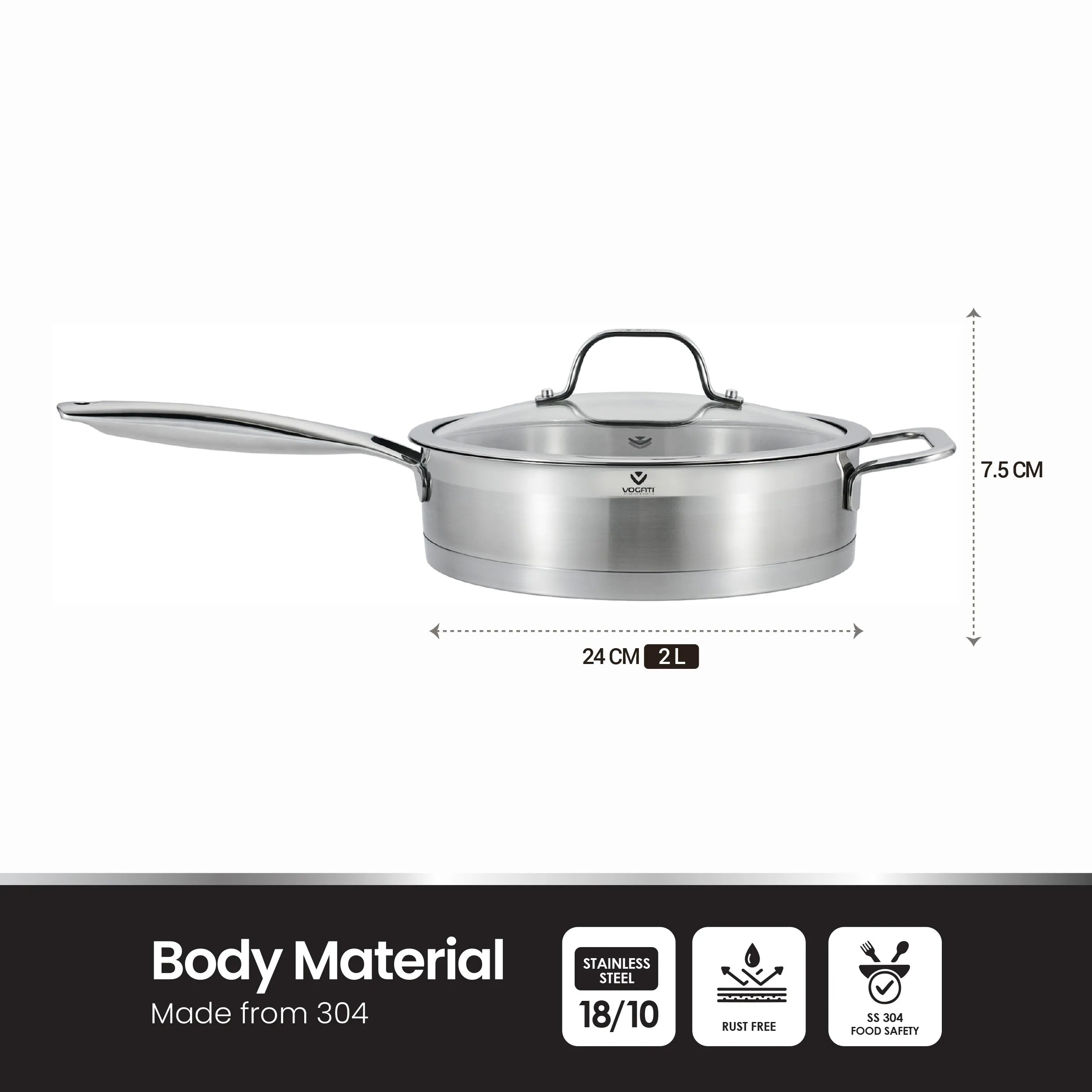 VOGATI Stainless Steel Fry Pan with Glass Lid (18/10) - CW-STS-F24