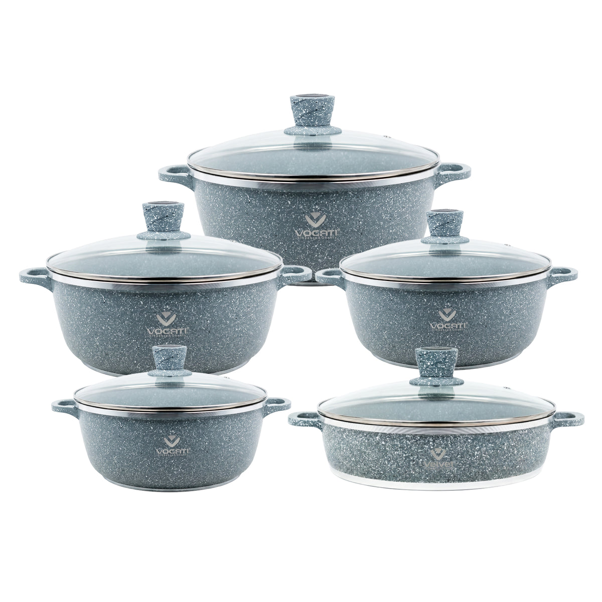 VOGATI 10PCS TITANIUM GRANITE COATING NON STICK COOKWARE SET - INCLUDING 20/24/28/32CM CASSEROLE + 28CM SHALLOW CASSEROLE ( 100% PFOA FREE )