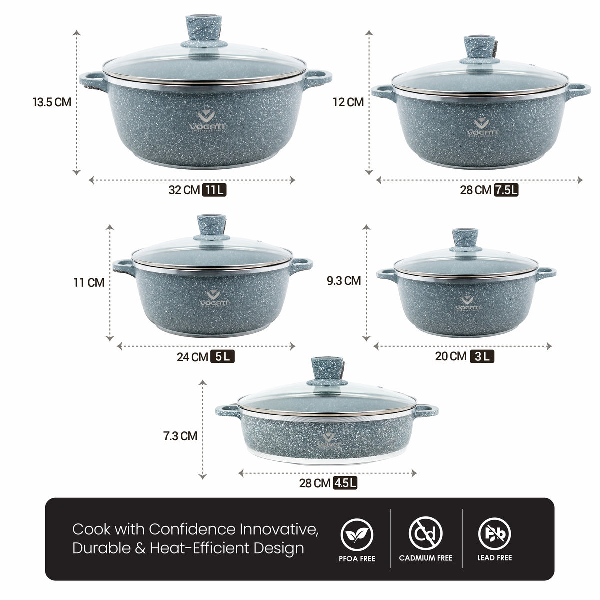 VOGATI 10PCS TITANIUM GRANITE COATING NON STICK COOKWARE SET - INCLUDING 20/24/28/32CM CASSEROLE + 28CM SHALLOW CASSEROLE ( 100% PFOA FREE )