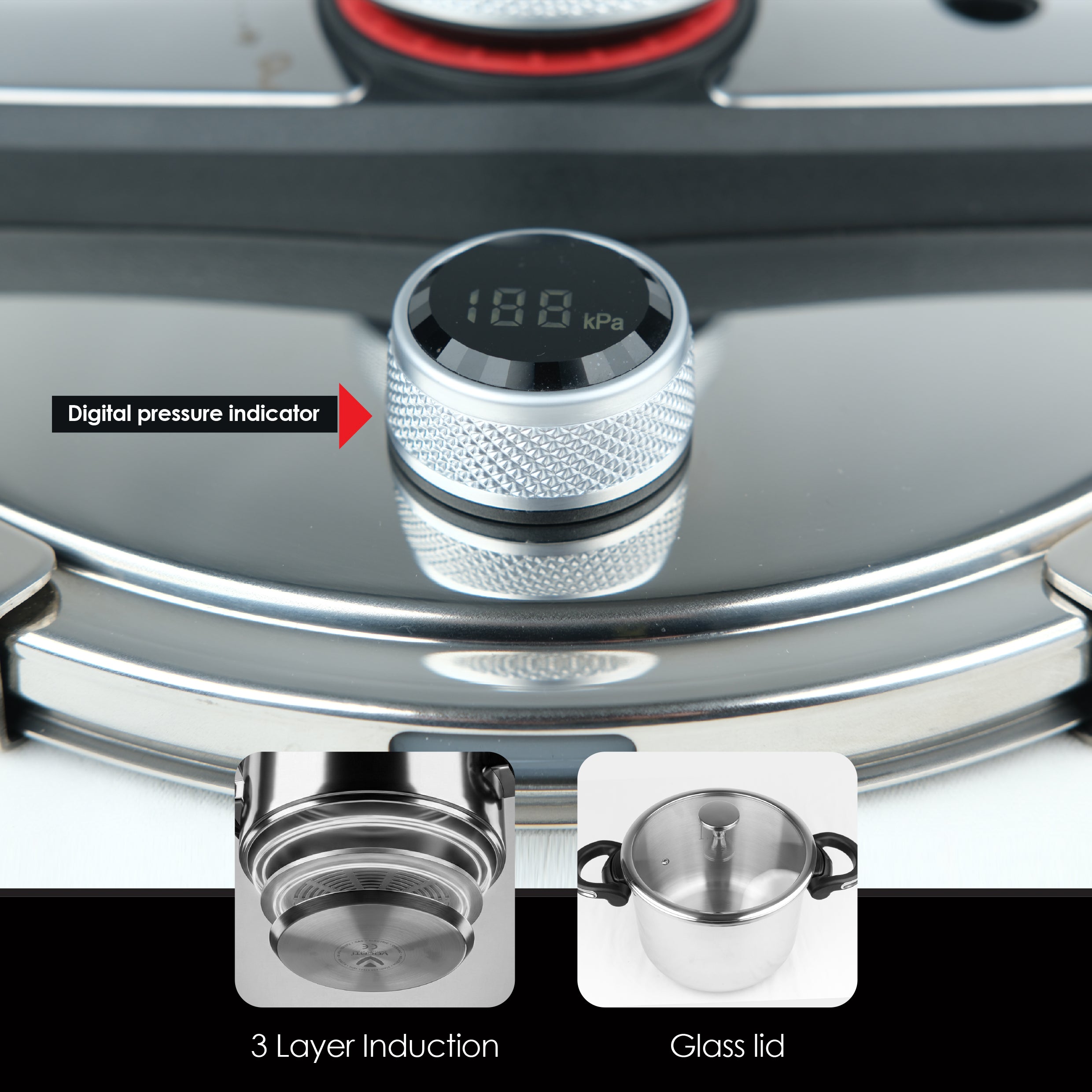 VOGATI PRESSURE COOKER 8 LITER STAINLESS STEEL18/10(304)- INDUCTION BASE HEAVY-GLASS LID-DIGITAL PRESSURE INDICATOR-PRESSURE LID WITH SAFETY LOCK-ERGONOMICS FOLDABLE HANDLE