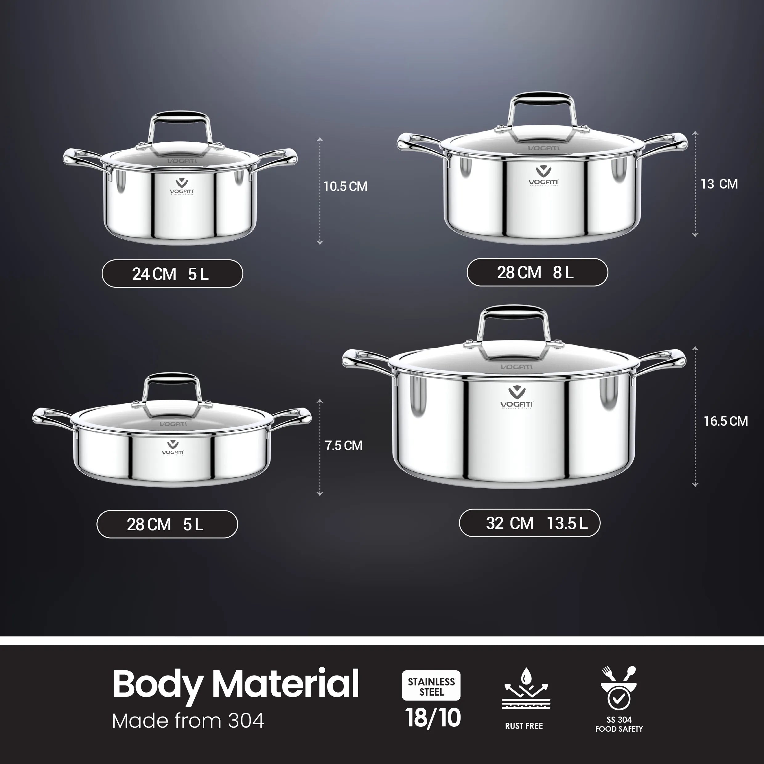VOGATI Tri-Ply Stainless Steel 8 PCS Cookware Set (CW-TRI-8B)