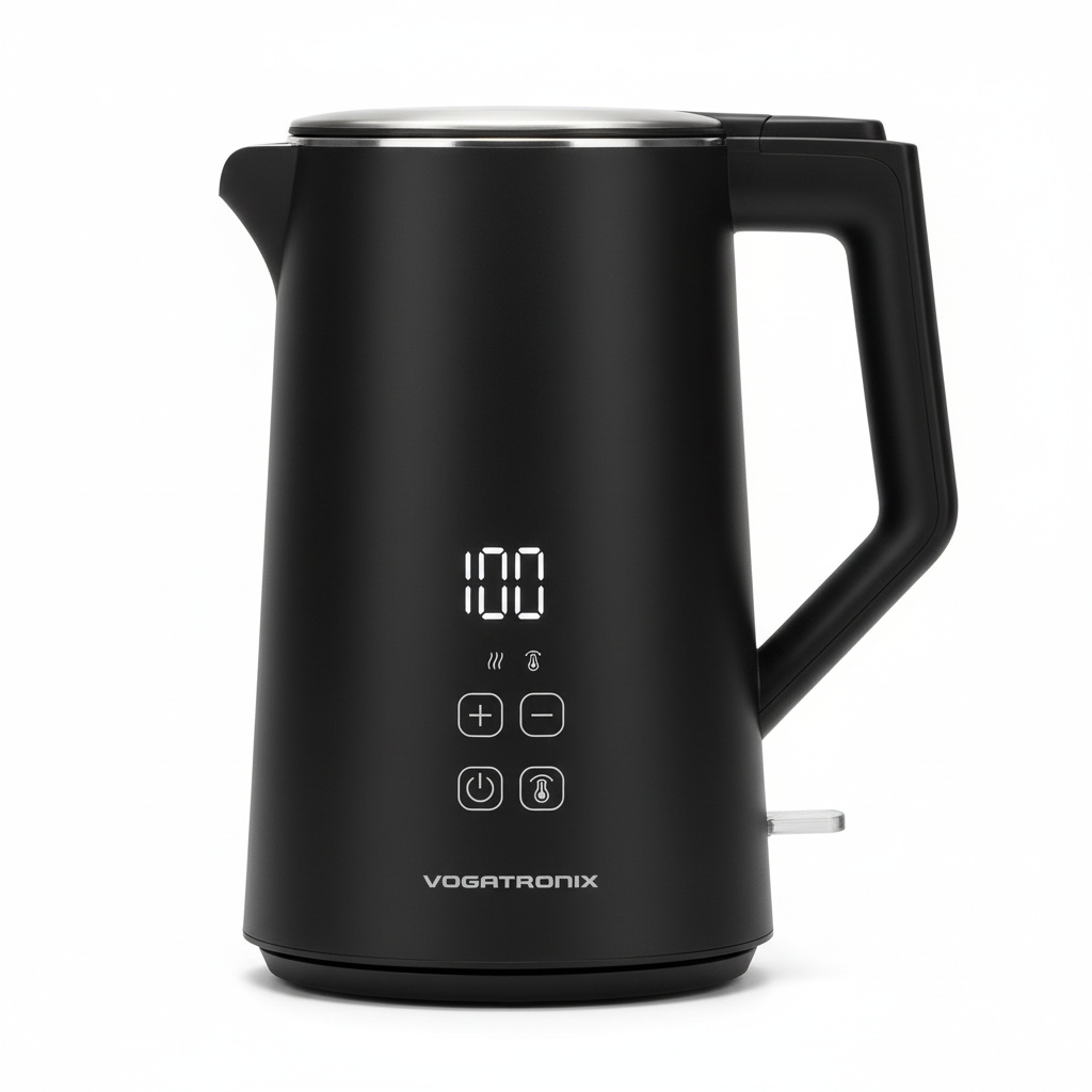 Black electric kettle with digital display on a kitchen counter, next to a steaming cup of tea.