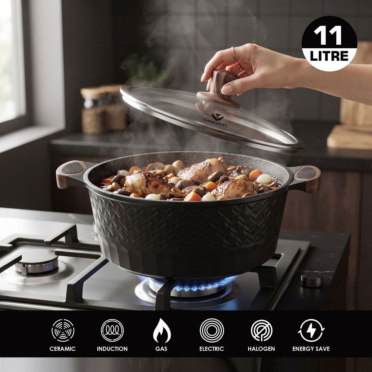 VOGATI MEGA SERIES 10PCS TITANIUM GRANITE COATING NON STICK INDUCTION COOKWARE SET - INCLUDING 20/24/28/32CM CASSEROLE + 28CM SHALLOW CASSEROLE ( 100% PFOA FREE )