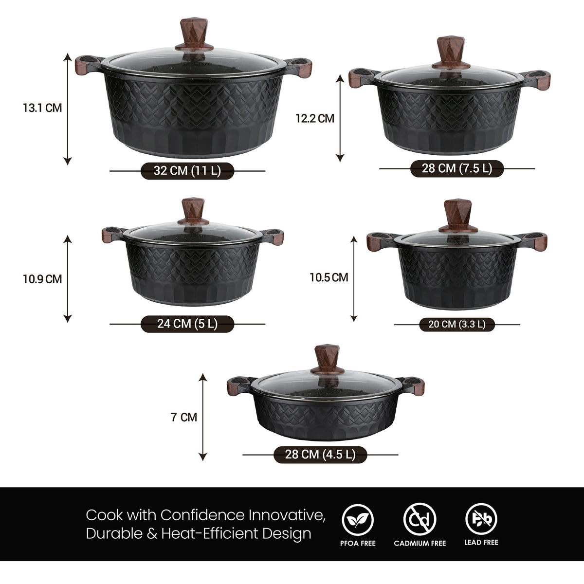 VOGATI MEGA SERIES 10PCS TITANIUM GRANITE COATING NON STICK INDUCTION COOKWARE SET - INCLUDING 20/24/28/32CM CASSEROLE + 28CM SHALLOW CASSEROLE ( 100% PFOA FREE )