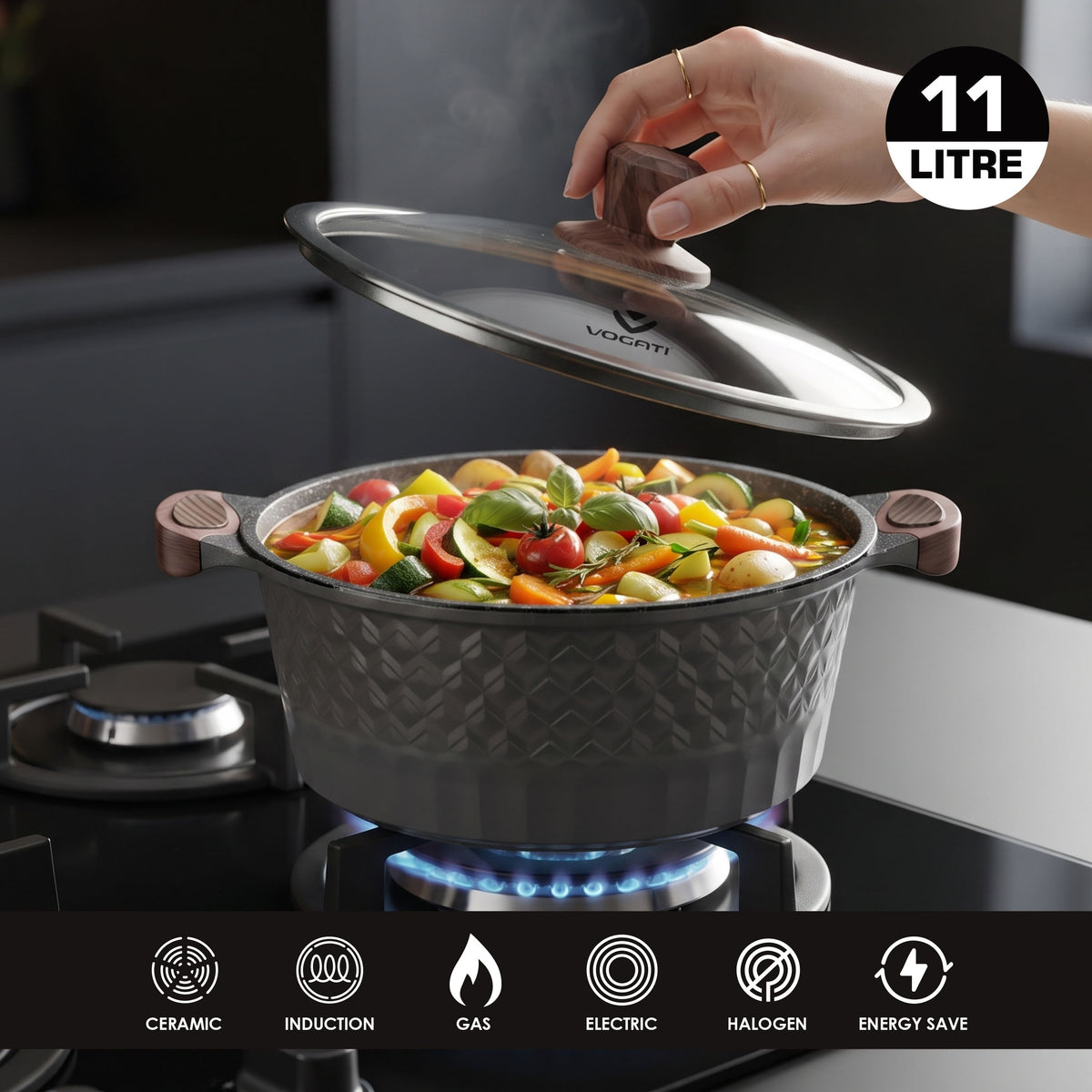 VOGATI MEGA SERIES 10PCS TITANIUM GRANITE COATING NON STICK INDUCTION COOKWARE SET - INCLUDING 20/24/28/32CM CASSEROLE + 28CM SHALLOW CASSEROLE ( 100% PFOA FREE )
