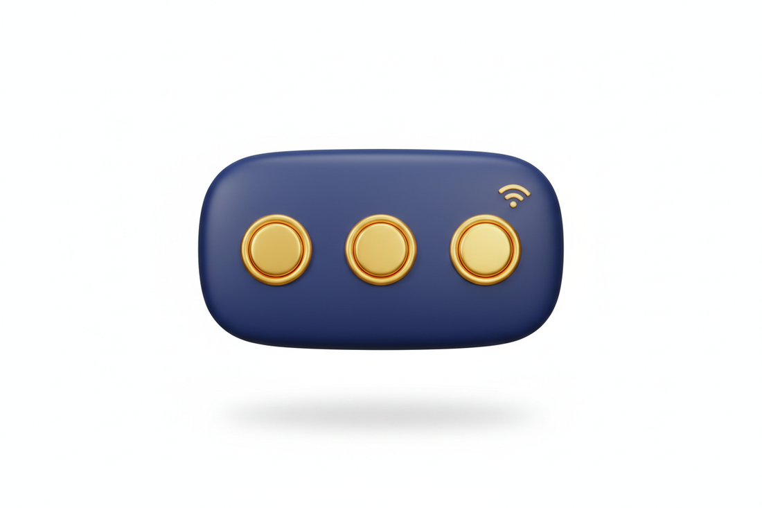 Soft 3D Airbnb-style icon of a rounded rectangular smart control panel with three simple gold touch buttons, smooth matte dark blue body, minimal gold highlights, clean white background, soft shadow, symbolizing intuitive smart appliances.